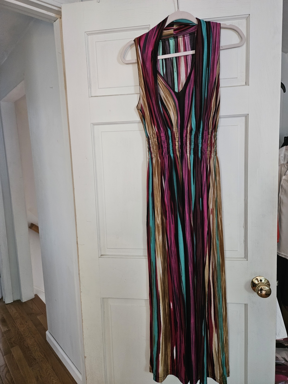 Sleeveless Multi-Stripe V-Neck Maxi Dress in Teal, Magenta & Gold
